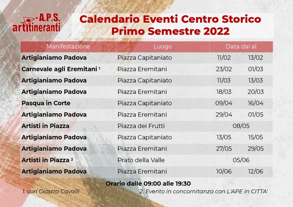 Calendario Eventi Centro Storico Padova - Primo semestre 2022 - 